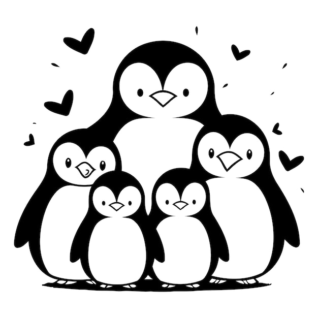 Penguin family Black and white vector illustration for coloring book