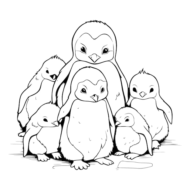 penguin family black and white vector illustration for coloring book