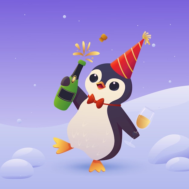 Penguin in a festive cap with champagne and a glass vector illustration