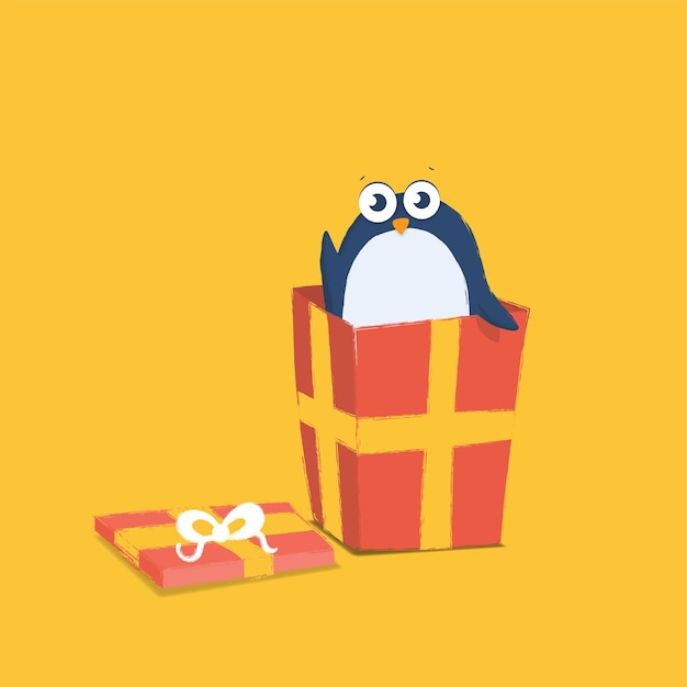 Penguin in a gift in childrens cartoon style
