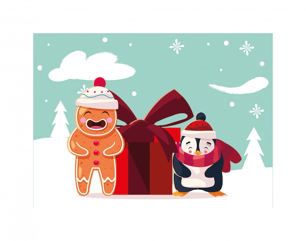 Penguin and gingerbread man with gift box in winter landscape