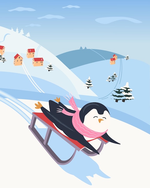펭귄은 겨울에 썰매를 탄다 재미있는 만화 캐릭터가 있는 어린이 포스터