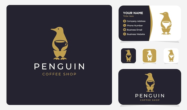 Penguin holding  cup coffee logo design  vector