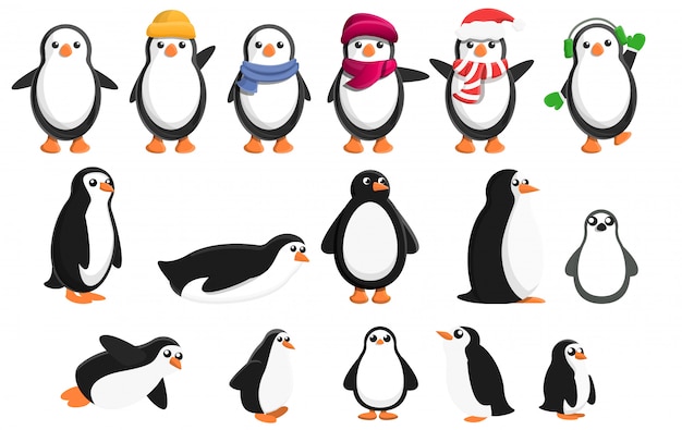 Vector penguin icons set, cartoon style