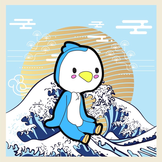 和風背景とロゴのペンギン イラスト デザイン