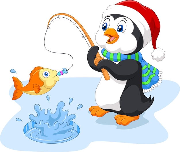 Vector penguin is fishing wearing santa hat on the ice
