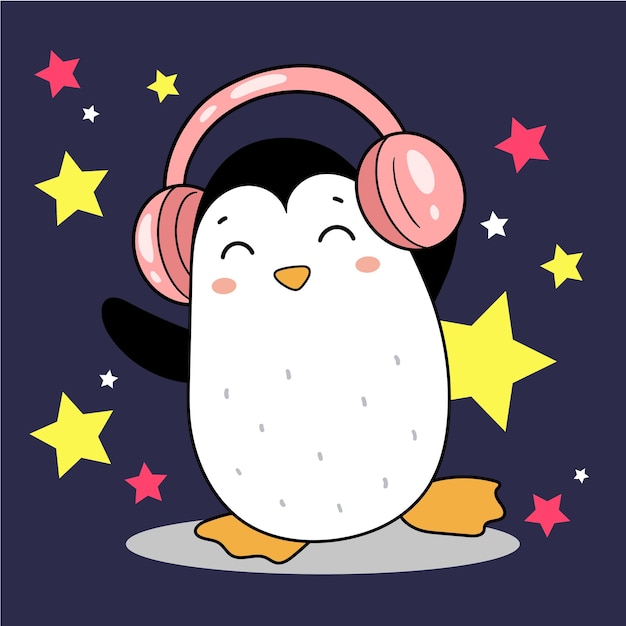 The penguin is a music lover Dancing with headphones on Cartoon black and white bird Disco stars