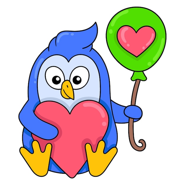 Penguin is sitting holding a love valentine balloon doodle icon image kawaii