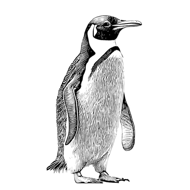 A penguin is standing on a white background and has a black and white drawing of the head and neck.