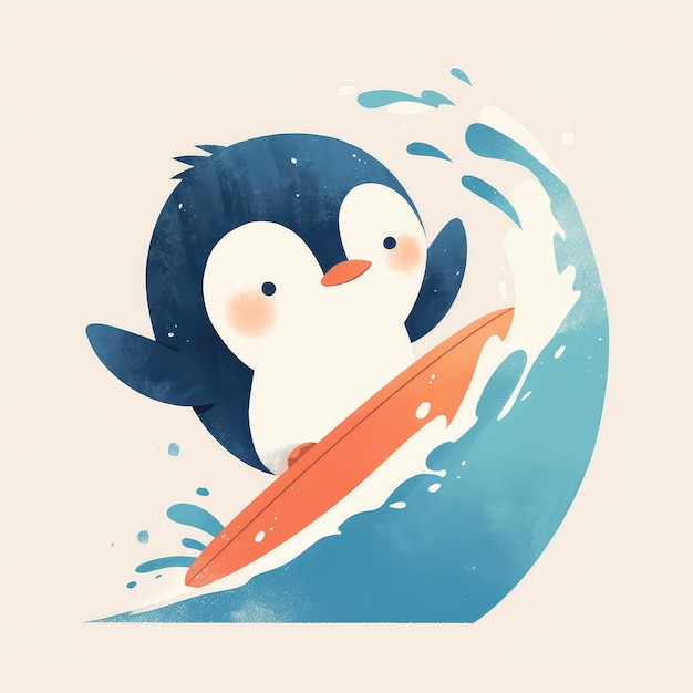 A penguin is surfing on a surfboard cartoon style