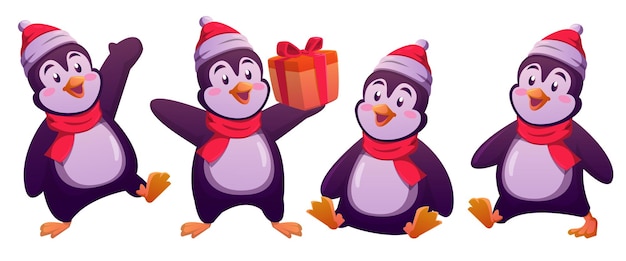 Penguin kerstkarakters set met kerstmuts, cadeau en sjaals