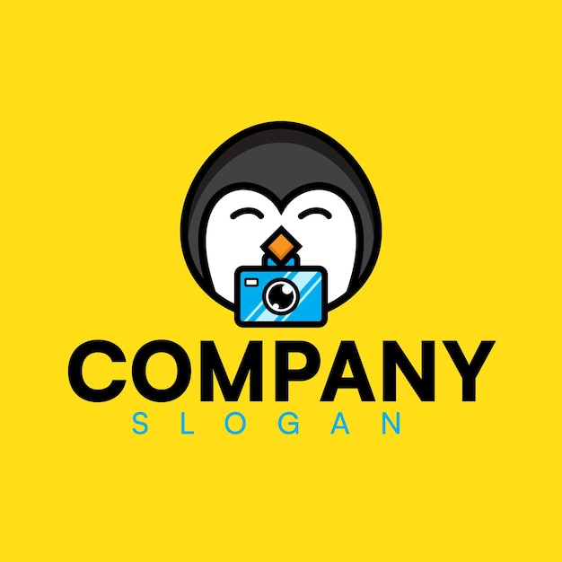 A penguin mascot logo with a camera on a yellow background