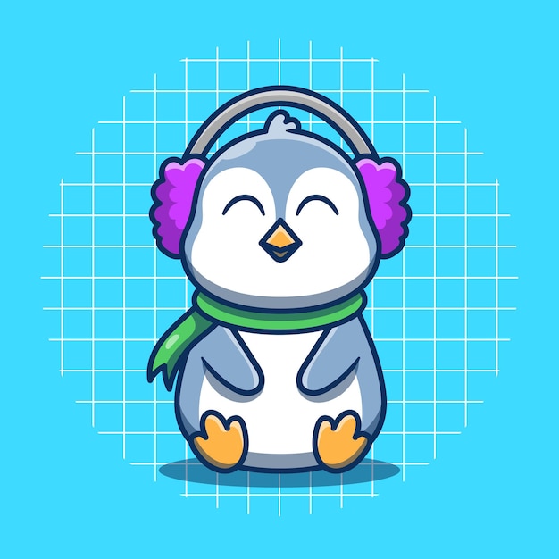 Penguin mascot wearing earmuffs and coat vector illustration