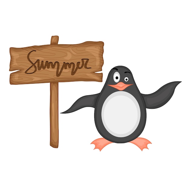 Penguin near wooden signboard with the inscription "Summer" in vector. Cartoon illustration.