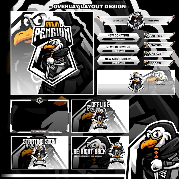 Vector penguin ninja layout design twitch logo character