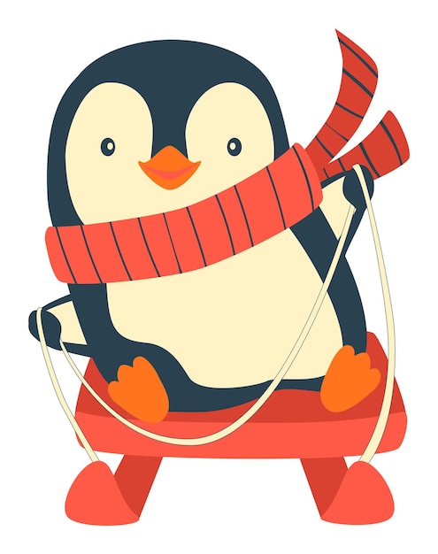 Пингвин на санях. векторная иллюстрация катания на санях пингвинов.