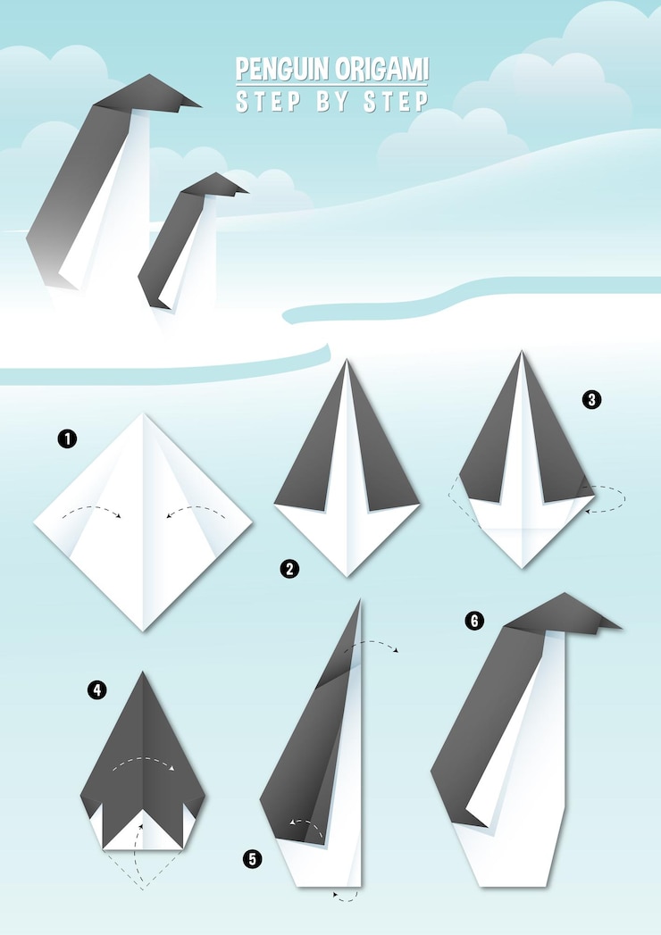 Vector penguin origami instruction step by step
