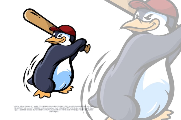 Vettore pinguino che gioca al disegno del logo della mascotte del baseball