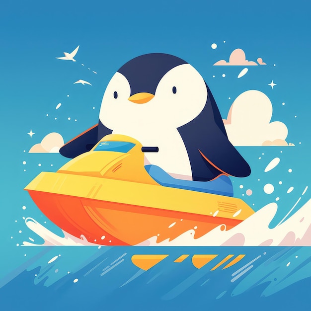 A penguin riding a jet ski cartoon style