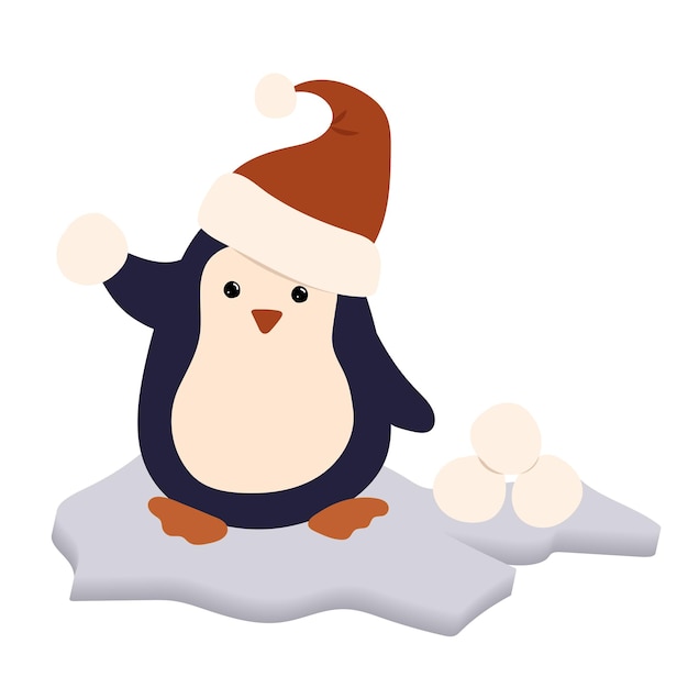 A penguin in Santa hat with snowballs on ice floe Winter card Clip art