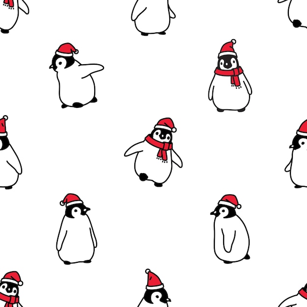 Penguin seamless pattern christmas santa claus hat