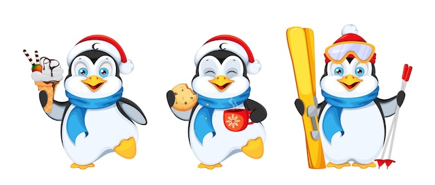 Penguin set van drie poses prettige kerstdagen en gelukkig nieuwjaar