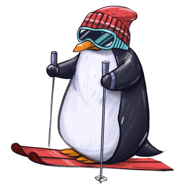 Vector penguin skier. hand drawn illustration