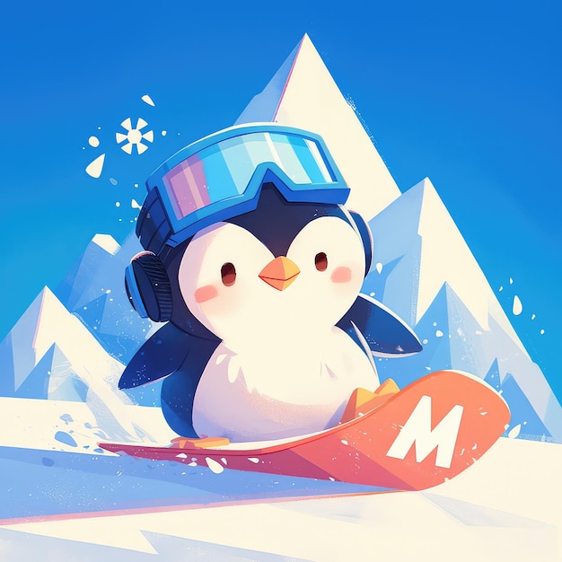 Vector a penguin on a snowboard cartoon style