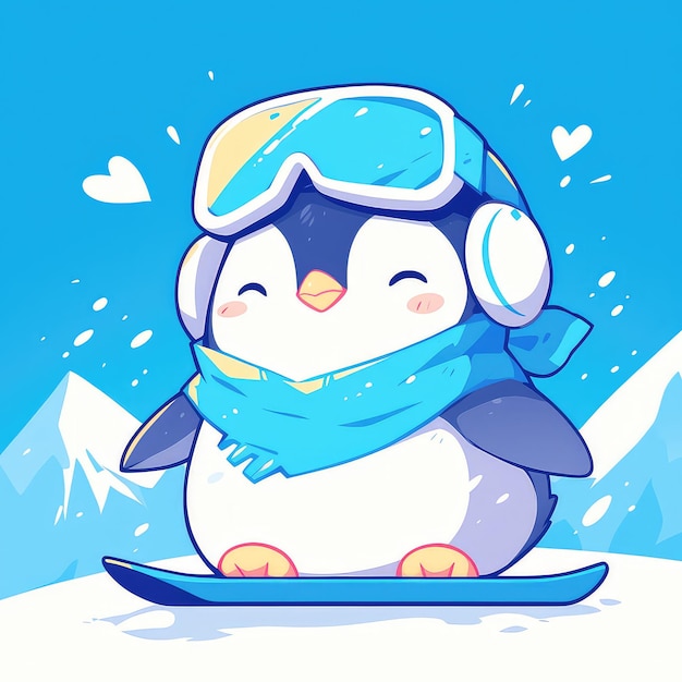 A penguin on a snowboard cartoon style