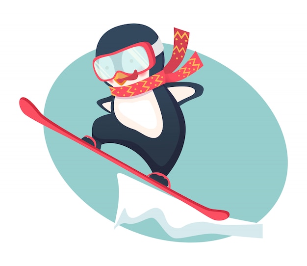 Penguin snowboarder at jump