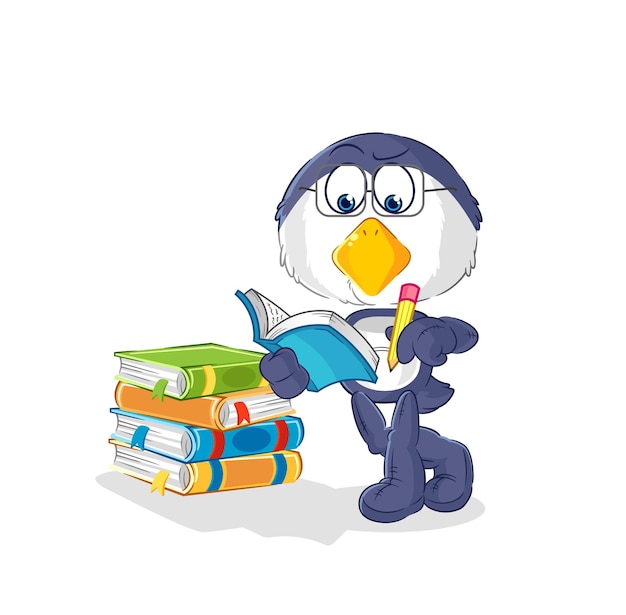 Pinguino che studia il vettore del fumetto della mascotte
