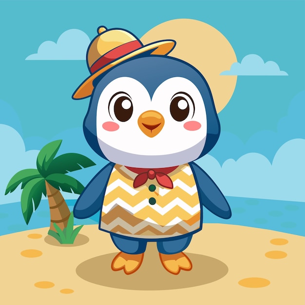 Пингвин в летней соломенной шляпе, рисуемый вручную талисман, персонаж мультфильма, наклейка, икона, концепция изолирована