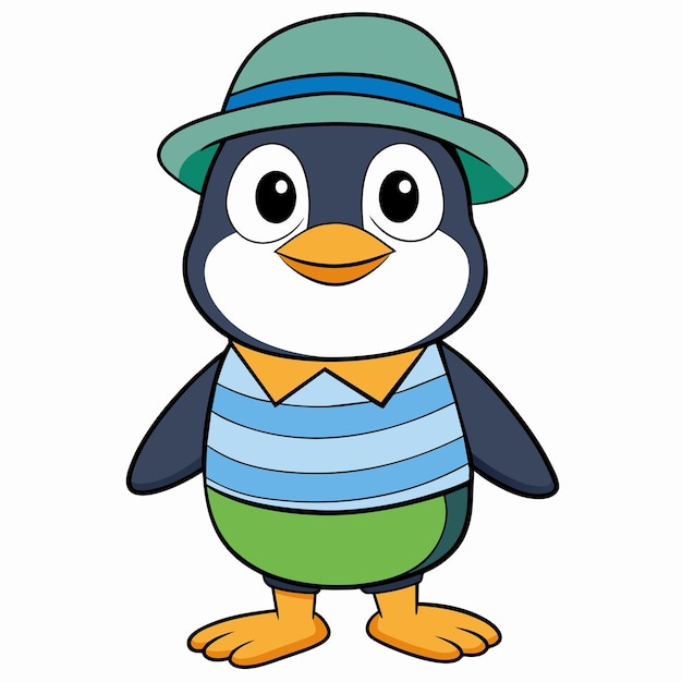 Penguin in summer straw hat hand drawn mascot cartoon character sticker icon concept isolated