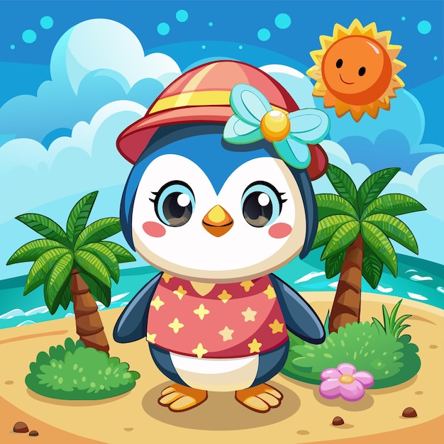Penguin in summer straw hat hand drawn mascot cartoon character sticker icon concept isolated