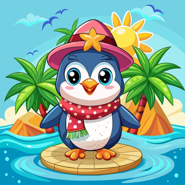 Penguin in summer straw hat hand drawn mascot cartoon character sticker icon concept isolated