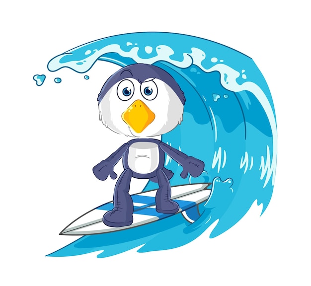 Penguin surfing character cartoon mascot vector