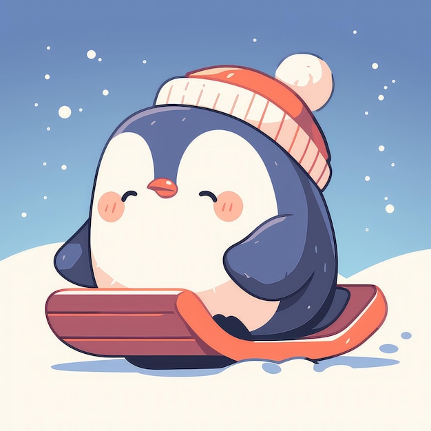 A penguin on a toboggan cartoon style