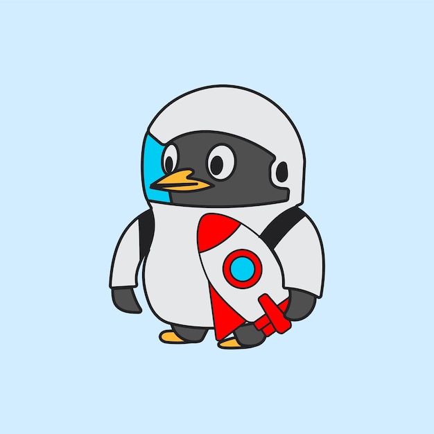 ベクトル ペンギンが宇宙飛行士のスーツのアイコンを使用している フラット可愛くて面白いペンギンアニメ