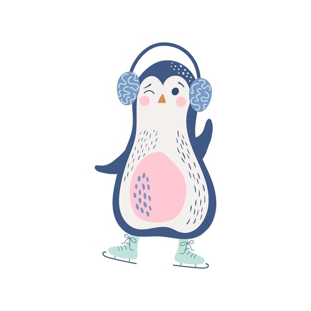 Penguin wearing earmuffs enjoying ice skating. Hand drawn vector illustration. Cute character during