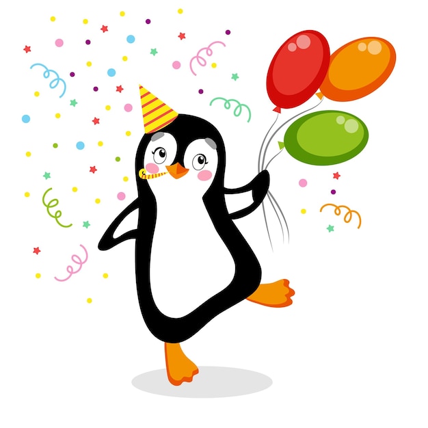 Penguin on white background birthday style with balloons confetti cap on head