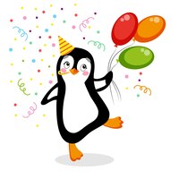 Penguin on white background birthday style with balloons confetti cap on head