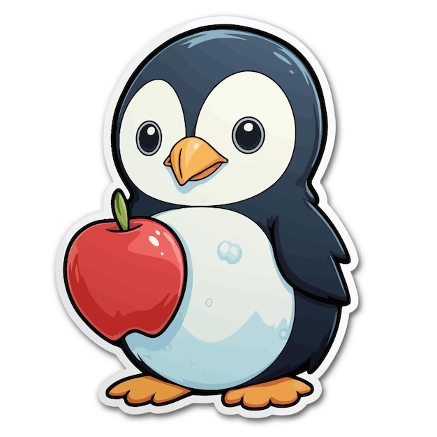 Un pinguino con una mela in testa e una mela a destra.