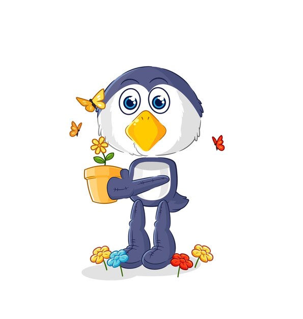 Penguin with a flower pot character vector