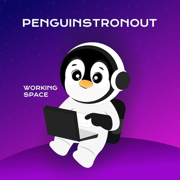 Vector a penguin with headphones on and a laptop in the background