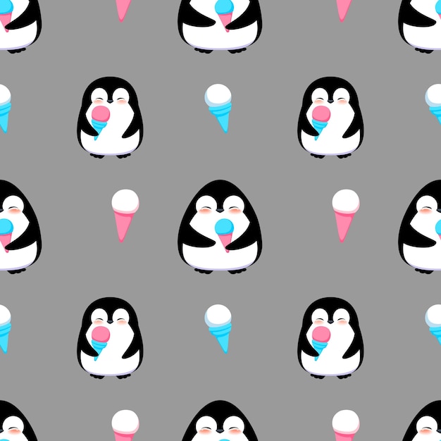 アイスクリームとペンギンシームレスパターン漫画カラフルなベクトルイラスト