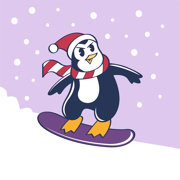 Penguin with scarf surfing on snow