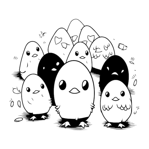 Penguins Black and white illustration Cute cartoon penguins