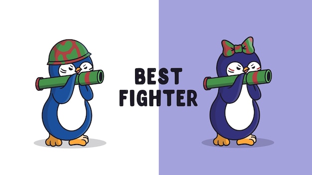 The Penguins, boy and girl are warriors. Cartoonish animal characters with a lettering phrase - Best fighter.