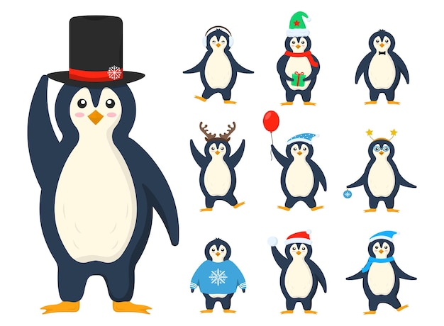 I pinguini si vestono in simpatici personaggi dei cartoni animati, set di animali per uccelli antartici inverno freddo