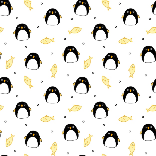 Penguins and fish on seamless pattern Squishmallow Background with penguins Kawaii vector Isola